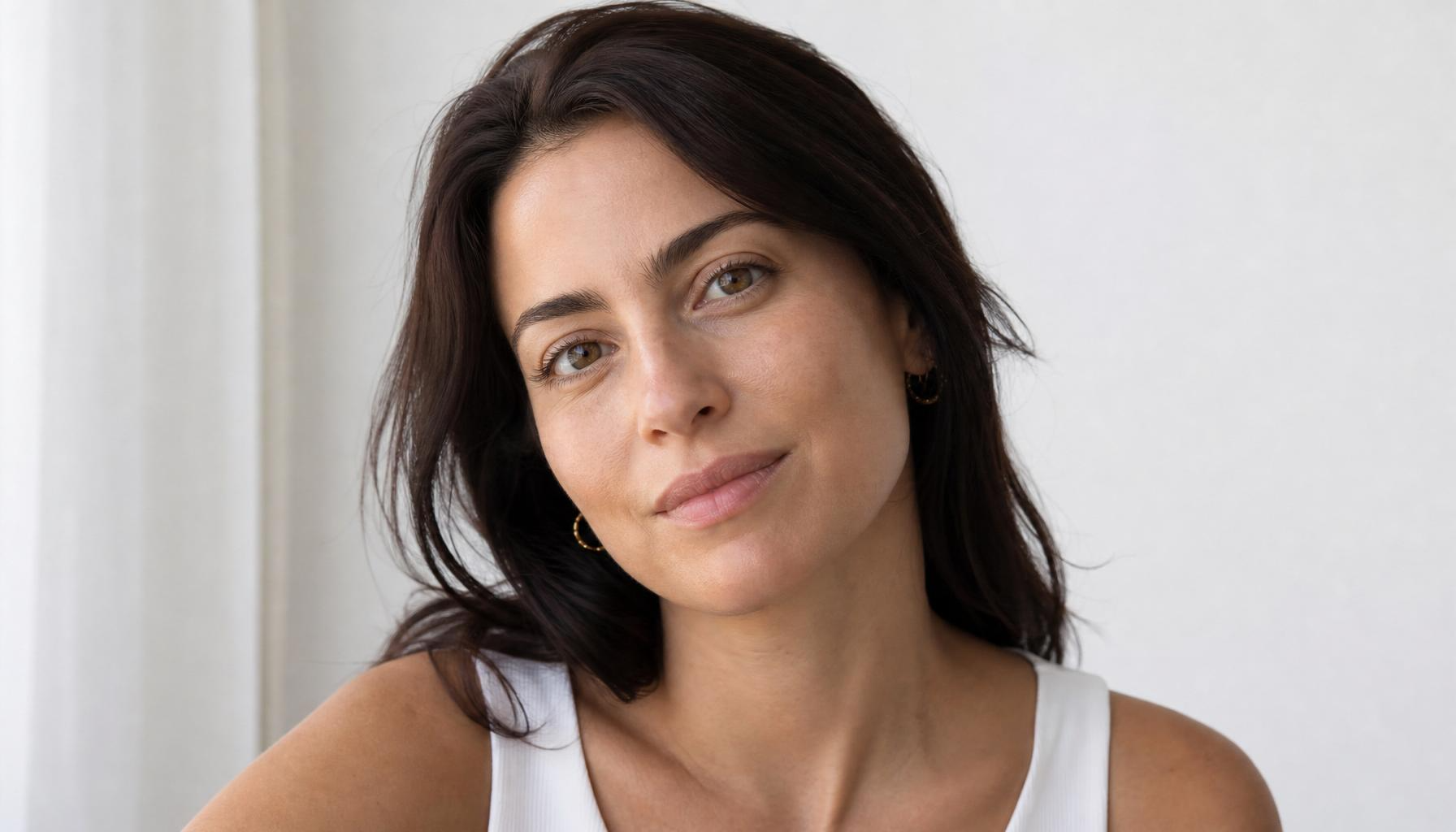 Woman with clear, healthy skin in soft natural light