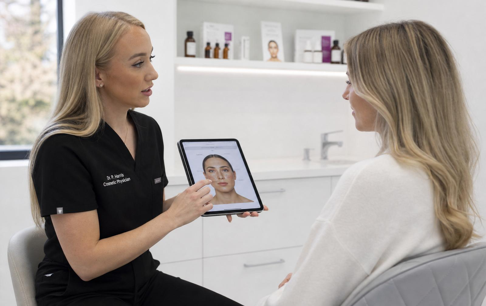 Cosmetic nurse assessing a patient's forehead in a modern Hobart clinic