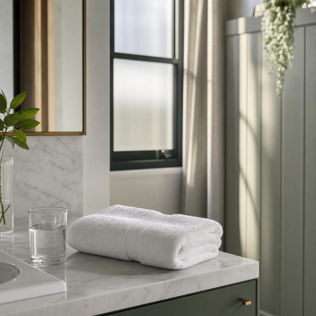 Clean white towel and glass of water in a calm, sunlit bathroom after Botox treatment