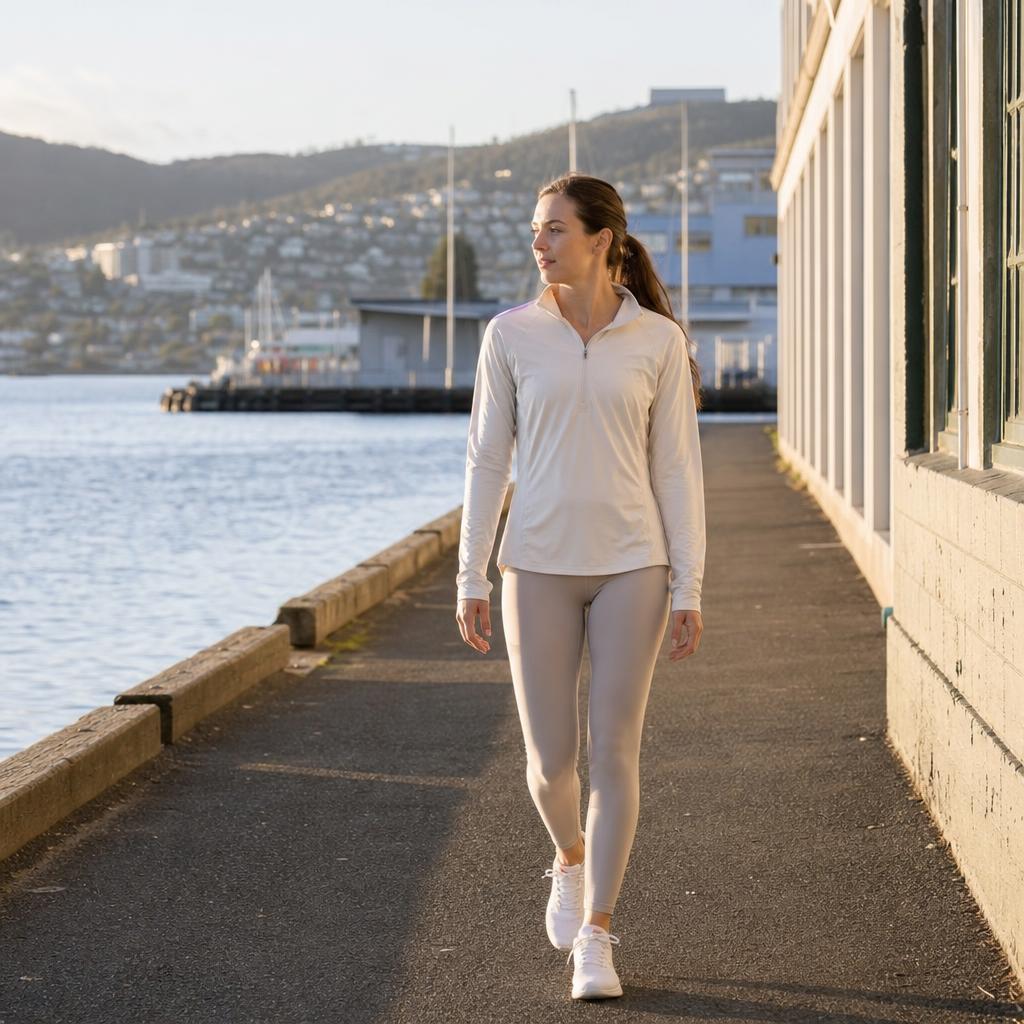 Woman walking at a relaxed pace along a sunny Hobart waterfront path