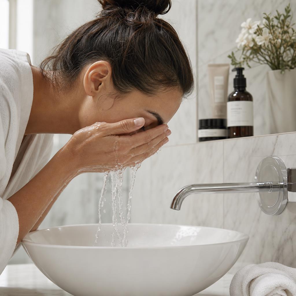 Woman gently rinsing her face with water at a clean, modern bathroom basin