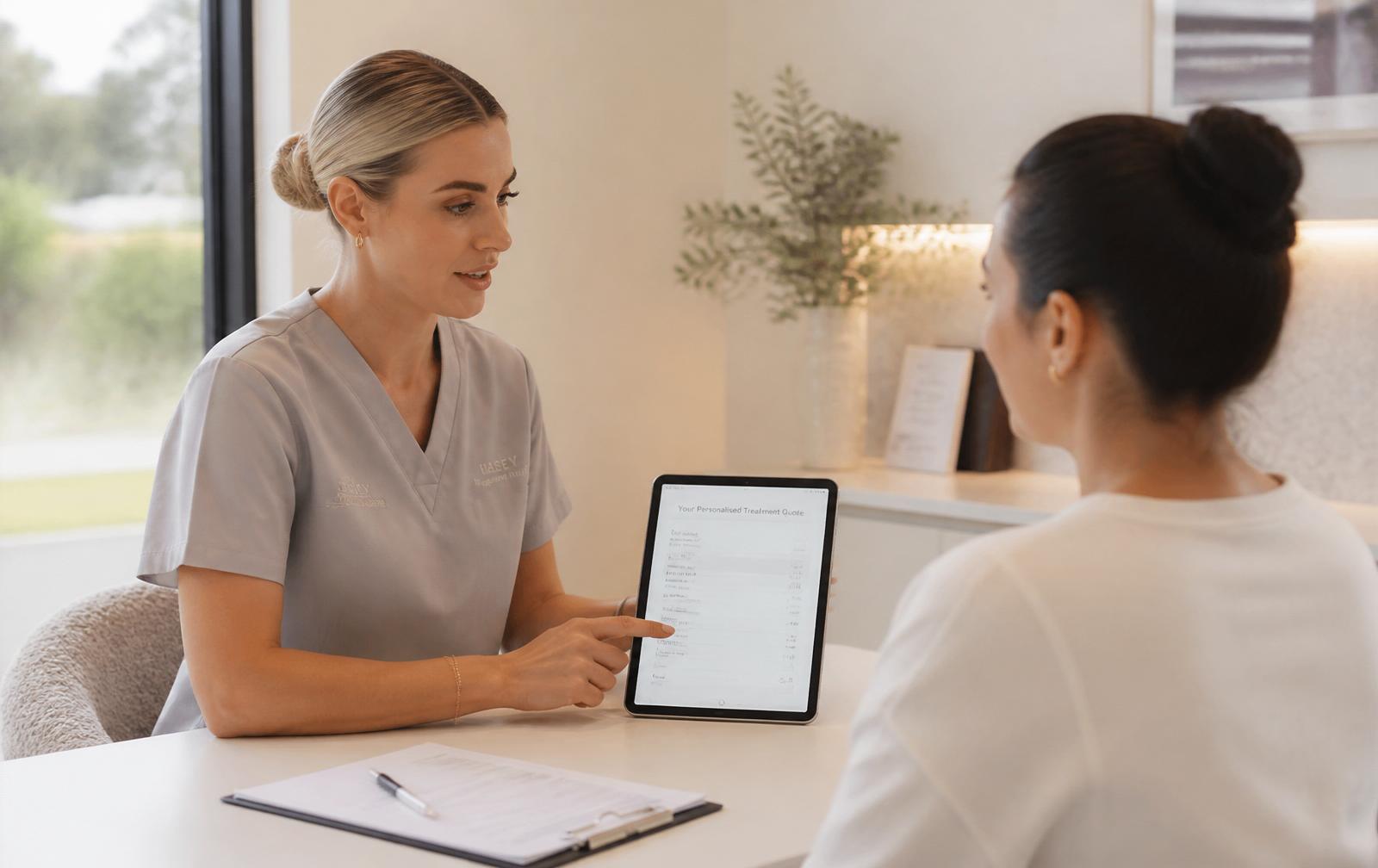 Cosmetic nurse reviewing a personalised Botox treatment quote with a patient in a Hobart clinic