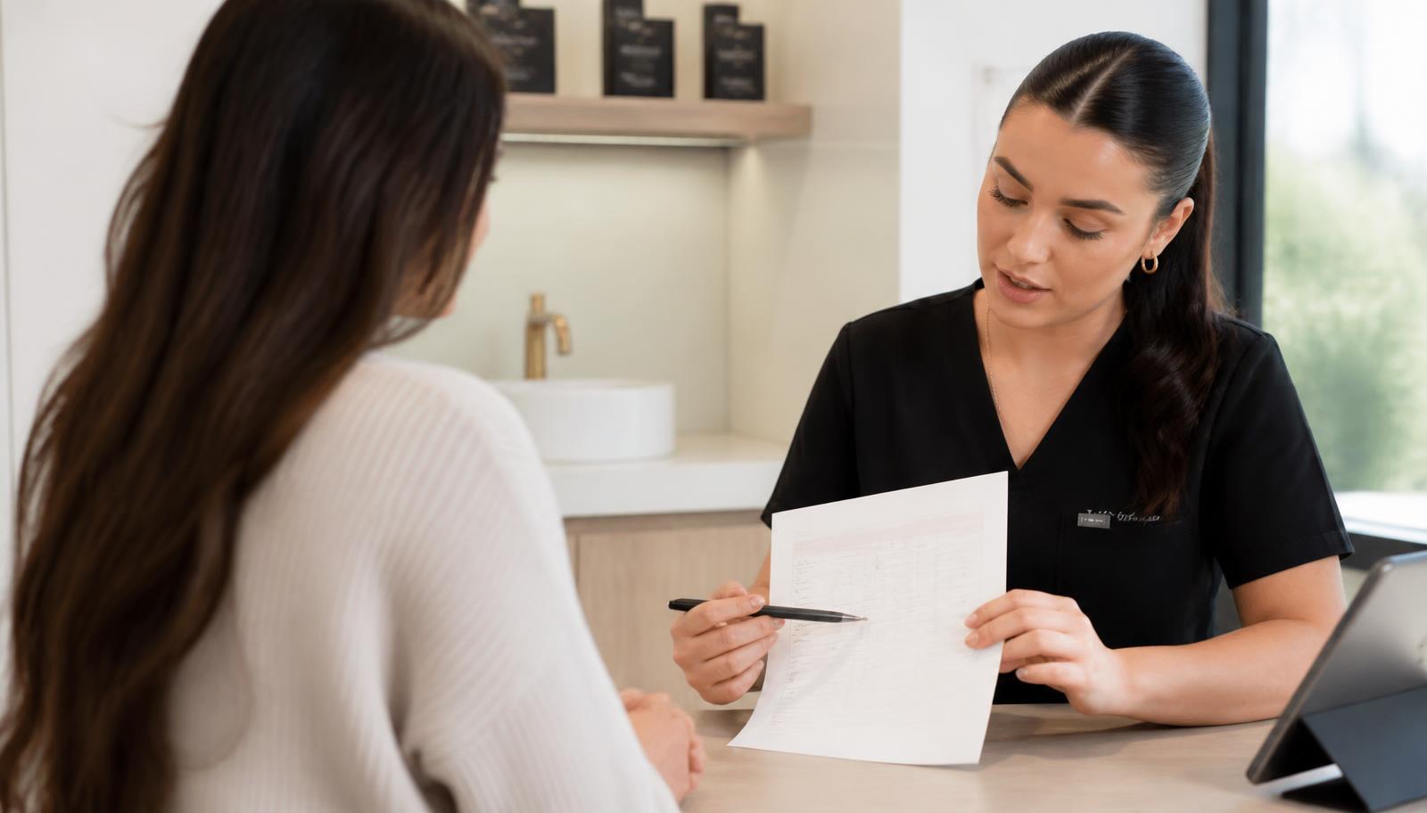 Cosmetic nurse discussing Botox pricing with a patient at a Hobart clinic