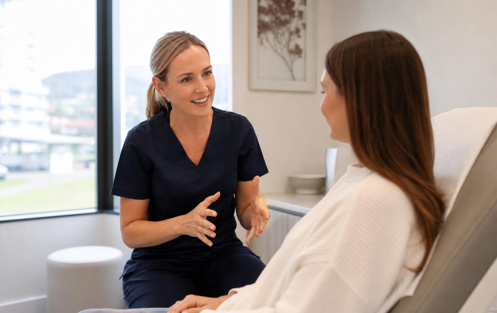 Clinician discussing Botox treatment timing with a patient in a modern clinic