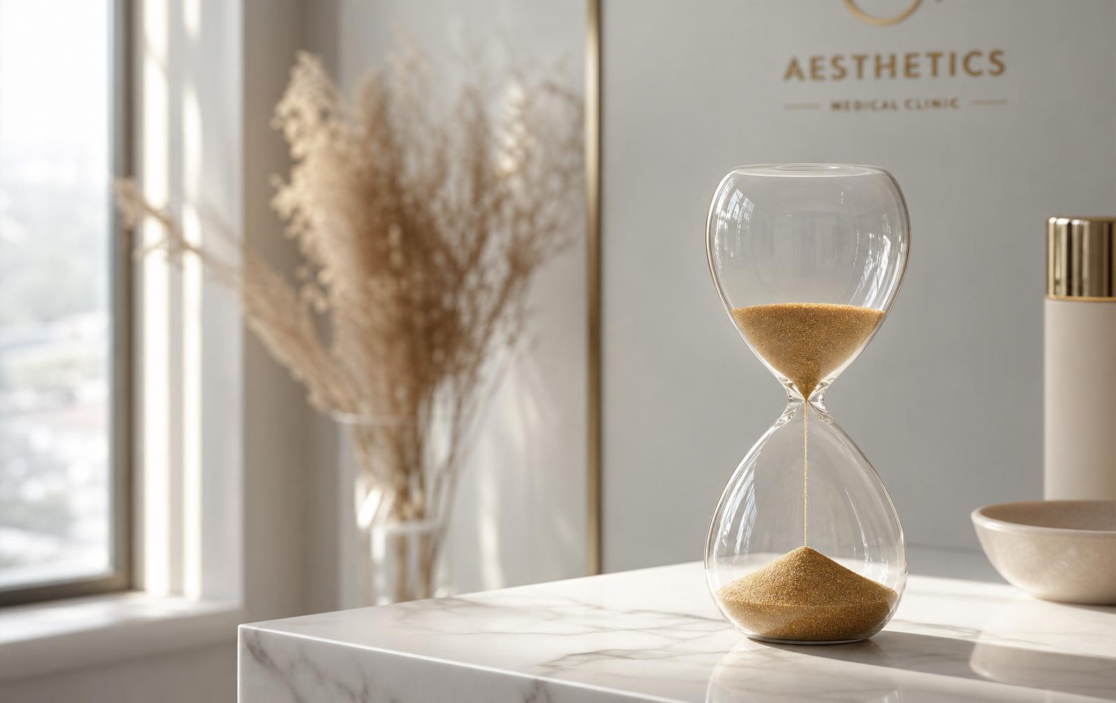 Elegant hourglass on a marble clinic surface representing the temporary duration of Botox results