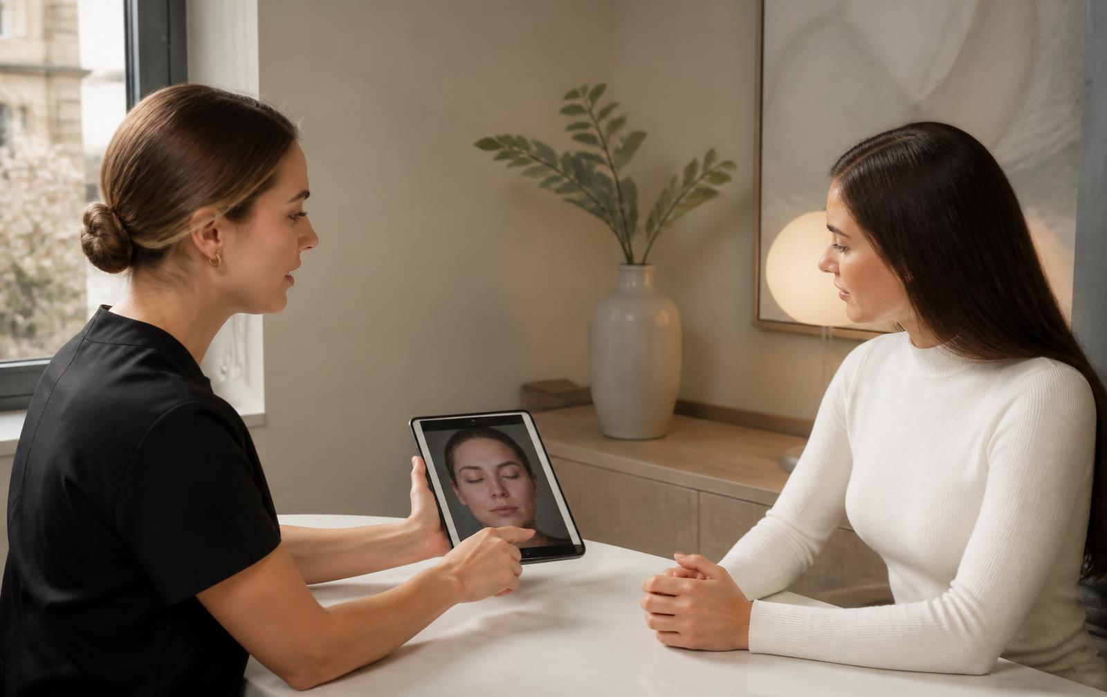 Practitioner and patient discussing lip filler treatment options at a consultation desk in a Hobart clinic