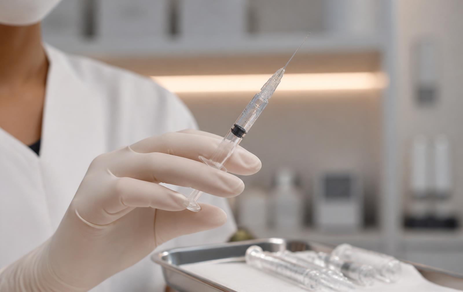 Gloved clinician holding a fine syringe of clear hyaluronic acid dermal filler beside a sterile tray