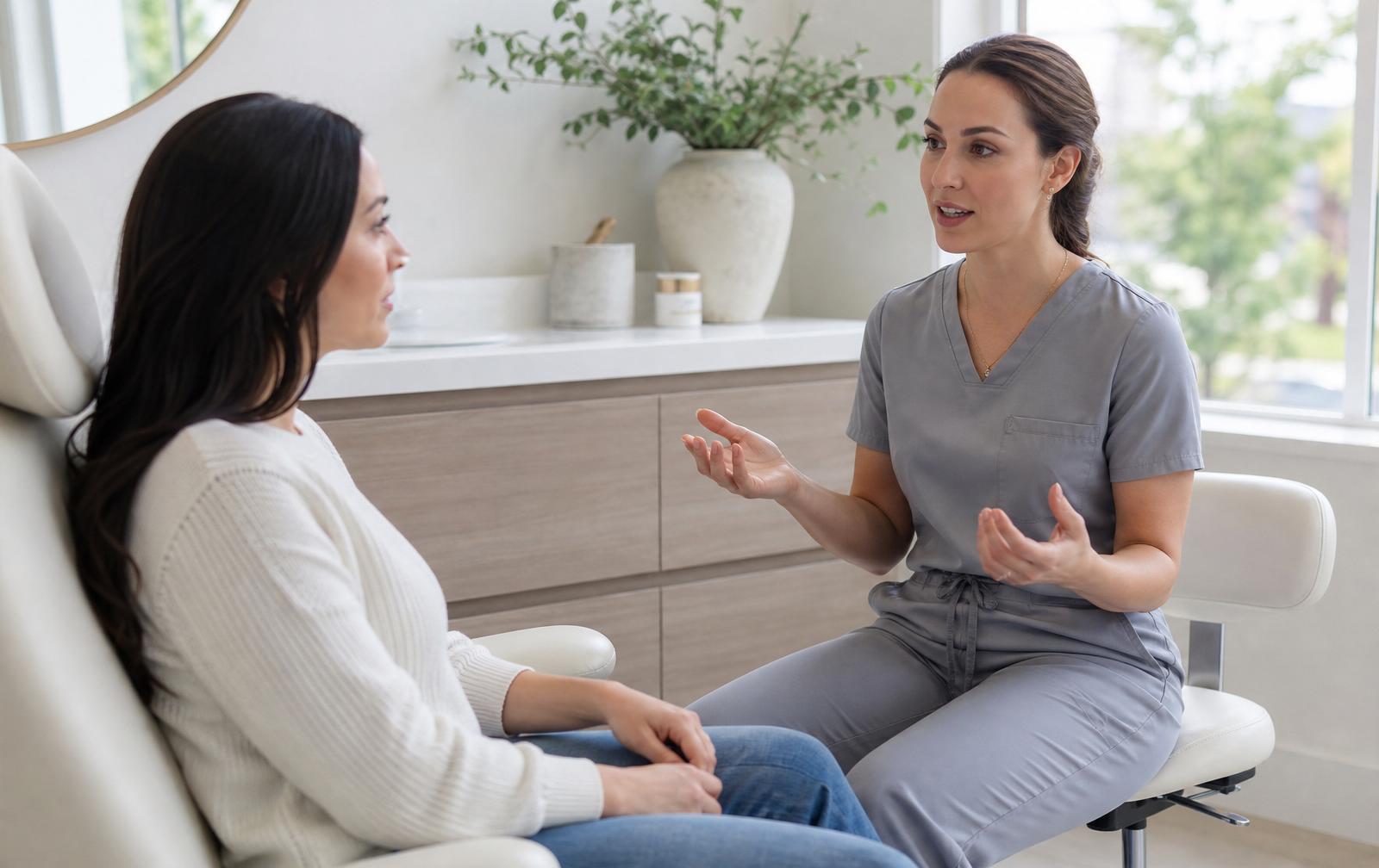 Clinician discussing the Botox timeline with a patient in a modern clinic