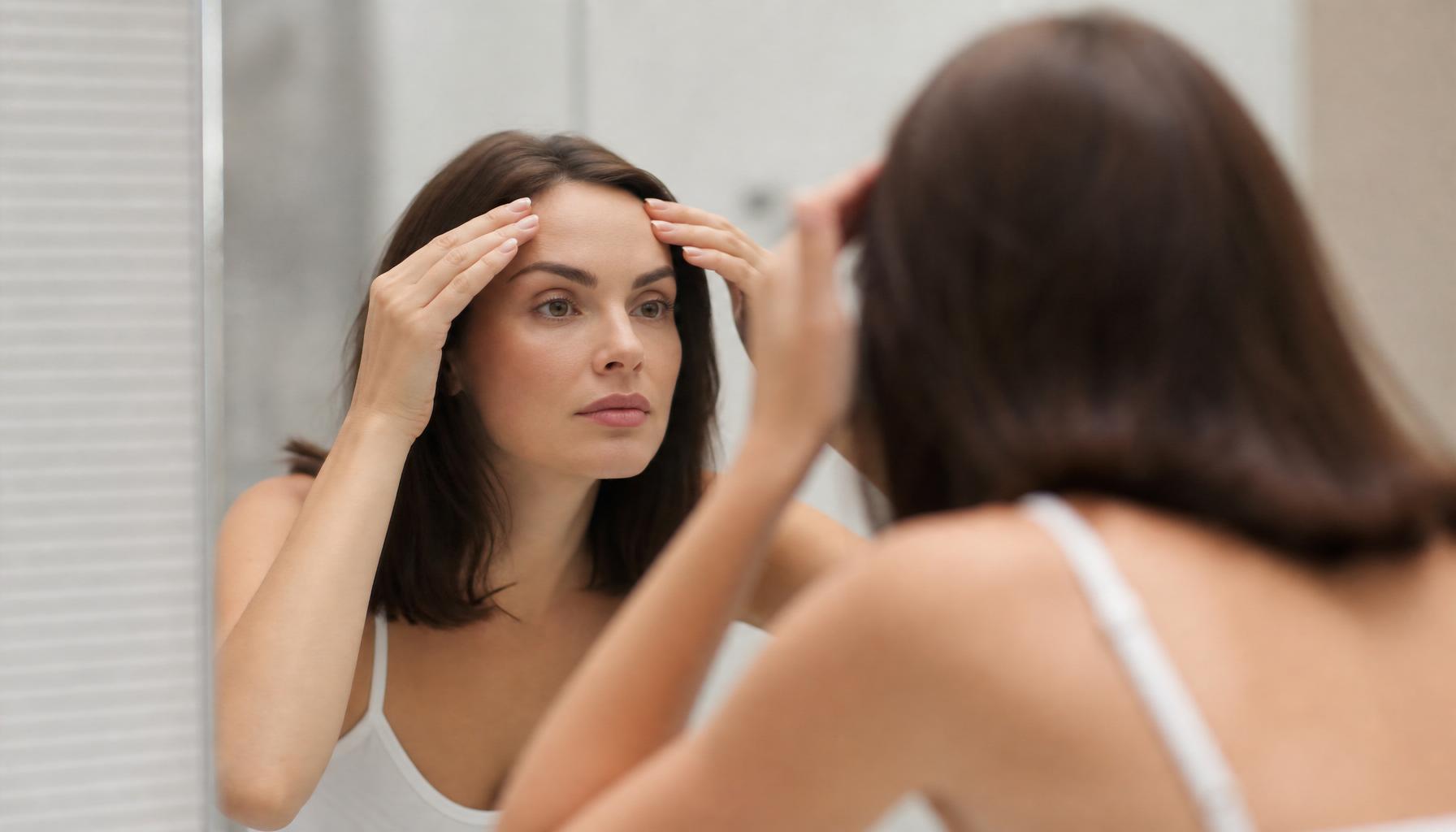 Woman checking her forehead in a minimalist mirror, wondering when Botox results appear