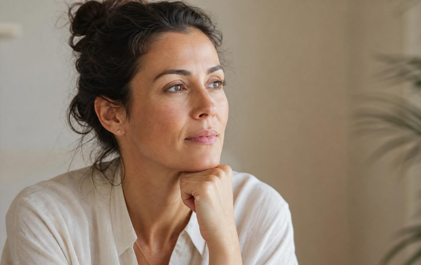 Thoughtful woman weighing up Botox treatment in soft natural light